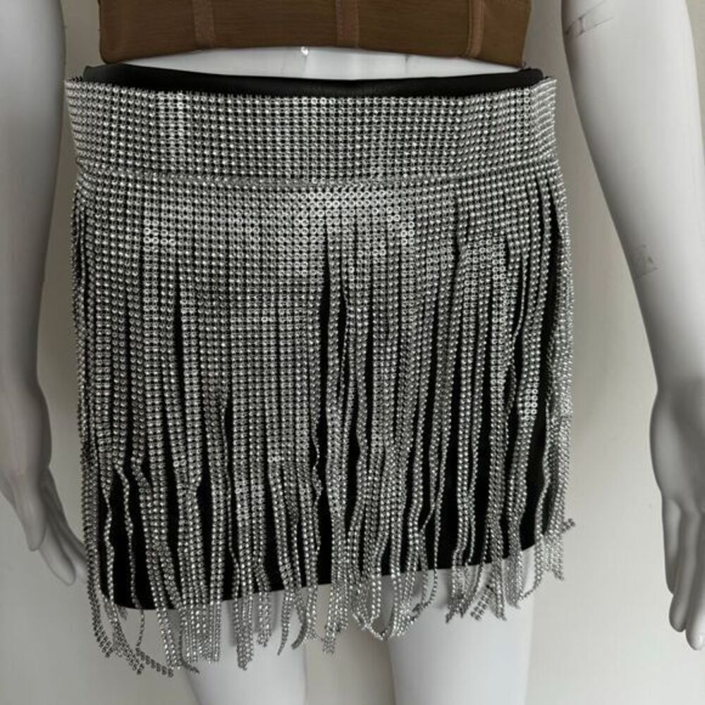 Micas Glamorous Silver Rhinestone Fringe Mini Belt‎ Skirt Party Clubwear Dance - Picture 6 of 10